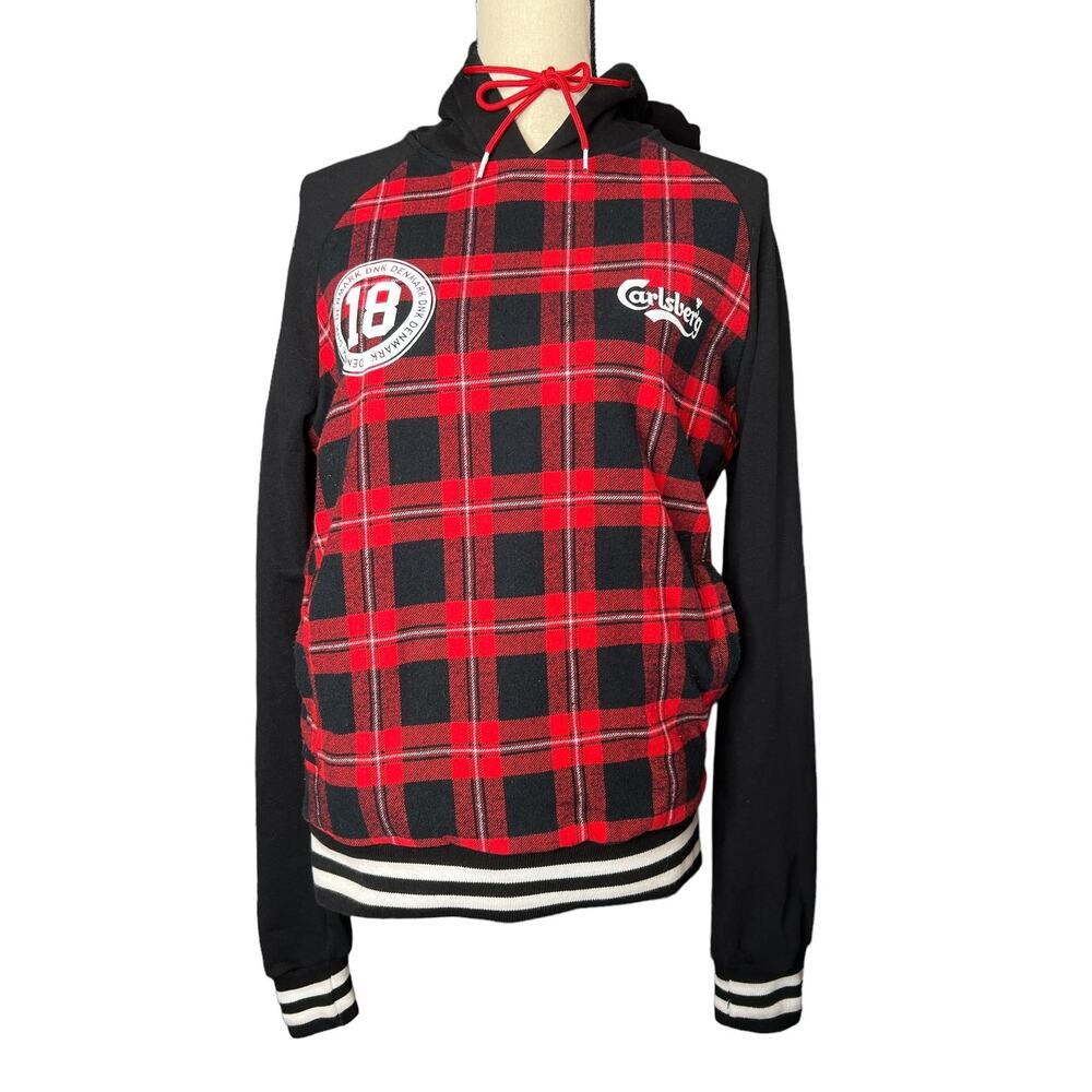 Carlsberg Women's Hoodie Pullover Jacket in Red Black Plaid From Denmark Size L
